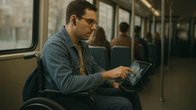 Homem em cadeira de rodas usando tablet com IA para acessibilidade no transporte público.