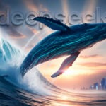 Logo da DeepSeek. O salto de uma baleia com circuitos de neon sobre uma onda, tendo ao fundo uma cidade futurista ao pôr do sol.