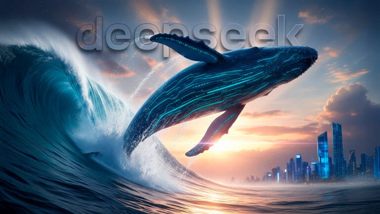 Logo da DeepSeek. O salto de uma baleia com circuitos de neon sobre uma onda, tendo ao fundo uma cidade futurista ao pôr do sol.