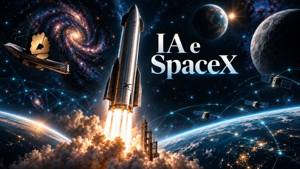 Starship decola entre James Webb, satélites, galáxias e Lua, sob o título “IA e SpaceX”.