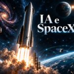 Starship decola entre James Webb, satélites, galáxias e Lua, sob o título “IA e SpaceX”.