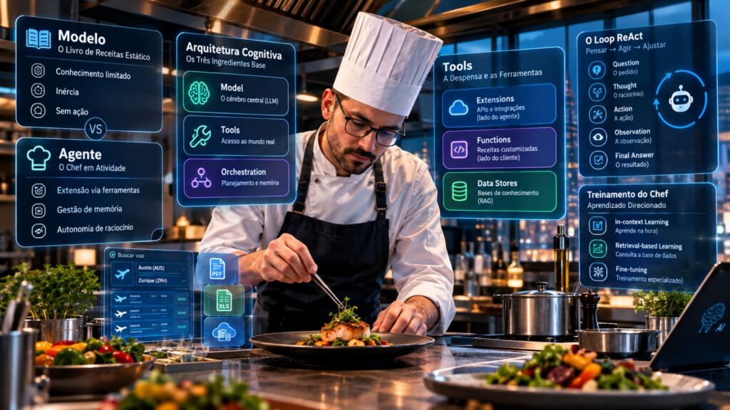 Chef cibernético prepara prato em cozinha futurista com interfaces holográficas de IA e orquestração de agentes.
