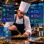 Chef cibernético prepara prato em cozinha futurista com interfaces holográficas de IA e orquestração de agentes.