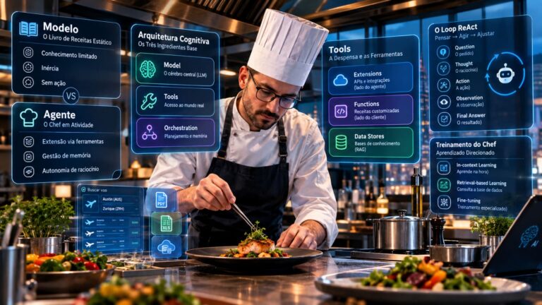 Chef cibernético prepara prato em cozinha futurista com interfaces holográficas de IA e orquestração de agentes.